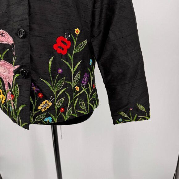 Vtg Tunique Nights Silk Jacket Women S Embroidered Black Flamingo Novelty Button - Picture 5 of 7